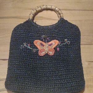 Scale Crochet Navy Blue With Butterfly And Wooden Handles‎ Handbag